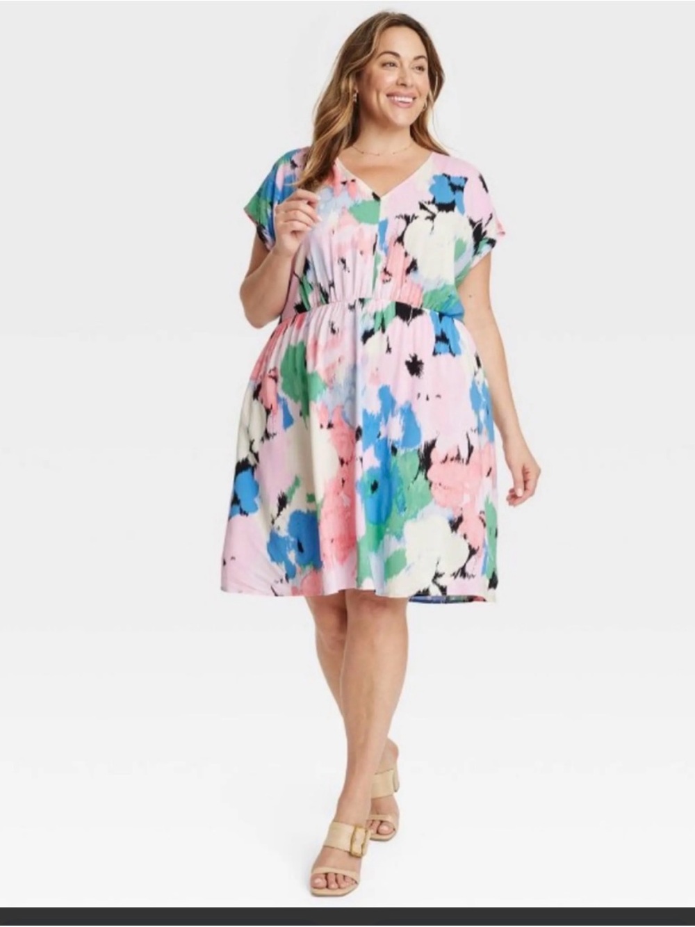 NWT Plus Size Floral Watercolor V-Neck Dress in Pastel Multi size 1X BC BAG 08 🌸